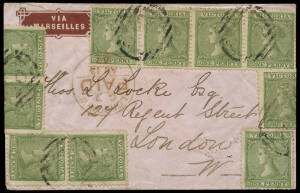 1887 (June 26) Wickliffe - London printed envelope, franked 10d with 1d bright yellow green Laureate, wmk '6', Emergency printing (strip of 4, 2 pairs & 2 singles), tied by weak strikes of BN "99" (rated 'RRRR" by WWW). With Wickliffe and Melbourne b/stam