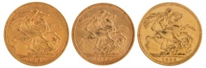Coins - Australia: 1894, 1896 & 1899 Sovereigns, Veiled head, St. George reverse, Melbourne, VF+/EF. (3).