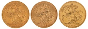 Coins - Australia: 1894, 1896 & 1899 Sovereigns, Veiled head, St. George reverse, Melbourne, VF+/EF. (3).