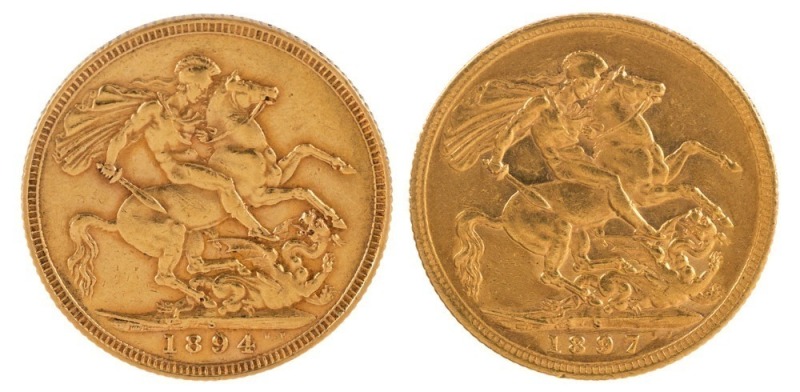 Coins - Australia: 1894 & 1897 Sovereigns, Veiled head, St. George reverse, Sydney, VF/VF+. (2).