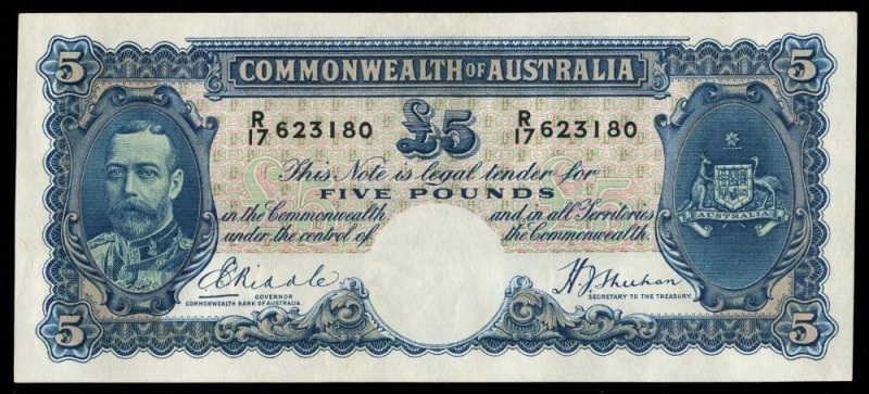 Banknotes - Australia: Pre-Decimal Banknotes: FIVE POUNDS, George V, Riddle/Sheehan (1933) R/17 623180 (R.44b) white face of King, aUnc. Provenance: The Nicholson Collection.