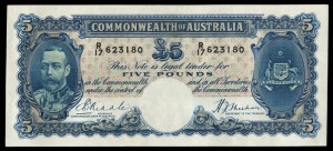 Banknotes - Australia: Pre-Decimal Banknotes: FIVE POUNDS, George V, Riddle/Sheehan (1933) R/17 623180 (R.44b) white face of King, aUnc. Provenance: The Nicholson Collection.