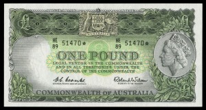 Banknotes - Australia: Star Banknotes: ONE POUND, Queen Elizabeth II, Coombs/Wilson (1961), HE/89 51470* (R.34Sb), Uncirculated.