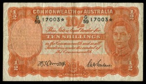 Banknotes - Australia: Star Banknotes: TEN SHILLINGS, King George VI, Armitage/McFarlane (1942), G/59 17003* (R.13S). aF.