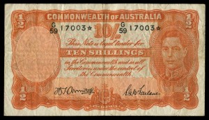 Banknotes - Australia: Star Banknotes: TEN SHILLINGS, King George VI, Armitage/McFarlane (1942), G/59 17003* (R.13S). aF.