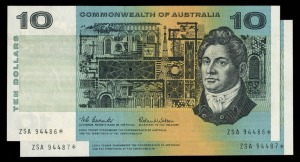 Banknotes - Australia: Star Banknotes: TEN DOLLARS, Queen Elizabeth II, Coombs/Wilson (1966) ZSA 94486* and 94487* first prefix star notes (R.301SF) consecutive pair, (2), Uncirculated.