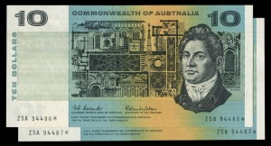 Banknotes - Australia: Star Banknotes: TEN DOLLARS, Queen Elizabeth II, Coombs/Wilson (1966) ZSA 94486* and 94487* first prefix star notes (R.301SF) consecutive pair, (2), Uncirculated.