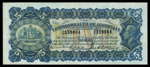 Banknotes - Australia: Pre-Decimal Banknotes: FIVE POUNDS, King George V, Kell/Collins (1924) Q/6 559864 (R.38b) dark blue ink signatures. VF/aEF.