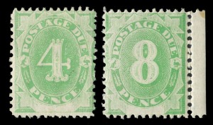 Postage Dues: 1902 (SG.D5 & D7 varieties) 4d emerald-green with variety "Diagonal white scratch through lower left spandrel" [BW: D8d], together with 8d emerald-green, marginal example with variety "White flaw in upper loop of 8" [BW: D10f - Cat.$360], fr