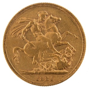 Coins - Australia: 1881 Sovereign, Young head, St. George reverse, Melbourne,  VF.