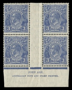 KGV Heads - CofA Watermark: 3d Blue, Ash Imprint block (4, N over A) from Plate 8, stamps MUH. Cat.$375++.