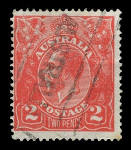 KGV Heads - Single Watermark: 2d Scarlet, with variety "Cracked electro through left wattles", FU. BW:96(8)ha - $450.