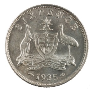 Coins - Australia: Sixpence: George V, 1935. Uncirculated; frosty Mint bloom.