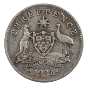 Coins - Australia: Threepence: GEORGE V, 1922/1 overdate. Very good/fine and rare.