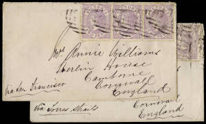 1875 covers (2) from Clunes to England each franked by 1873 2d strip of three and cancelled "147", one cover endorsed "via Torres Straits", the other endorsed "via San Francisco".