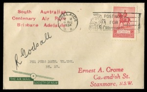 Aerophilately & Flight Covers: THE BRISBANE - ADELAIDE AIR RACE of DECEMBER 1936: 16-18 Dec.1936 (AAMC.683) flown cover, carried and signed by R. Godsall, entrant No.27, who flew a DH80A Puss Moth. [One of only 12 covers carried]. Cat.$300.