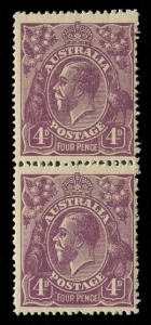 KGV Heads - Single Watermark: FOUR PENCE VIOLET: Plate 2 vertical pair [R6/12] with Thin 'FOUR PENCE' Early State variety to the lower unit (MUH), and "White spot in king's hair" to the upper unit (MVLH). BW: 111(2)p & ra. Cat.$1025++.