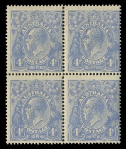 KGV Heads - Single Watermark: FOUR PENCE ULTRAMARINE: Plate 2 block (4) [R5-6/11-12], with "Thin 'FOUR PENCE' advanced deteriorated state",  "White spot in King's hair" and "White flaw projecting from Kangaroo's head" varieties to three units. BW: 112(2)p