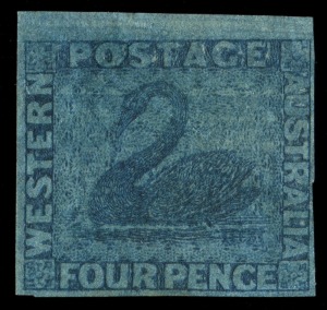 WESTERN AUSTRALIA: 1860-64 (SG.27) Imperforate 4d deep blue, top marginal example with margins all sides and partial letter watermark, Fine Unused. Cat.£350+.