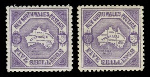 NEW SOUTH WALES: 1890 (SG.263a) 5/- Map, perf.11, two shades, both M/MLH. (2). Cat.£750.