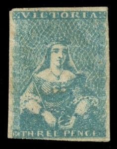 VICTORIA: 1850 (SG.7) Second state of the die 3d blue Imperforate, 3 good margins, just touches at lower left corner, Unused; tiny rear thin and light horizontal bend. (Cat.£5,500).