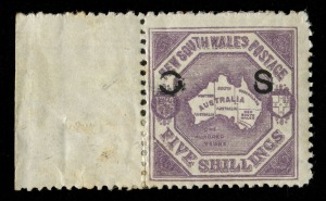 New South Wales - Official Stamps: 1890 (SG.O49b) 5/- dull lilac Map, marginal single, perf.12, with "Broken O" in overprint. Cat.£800+.