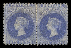 SOUTH AUSTRALIA: 1876-1900 (SG.141) Wmk Broad Star, 6d bright ultramarine horizontal pair, with compound perf. 10x11½-12½, (2) Mint. Cat.£300.