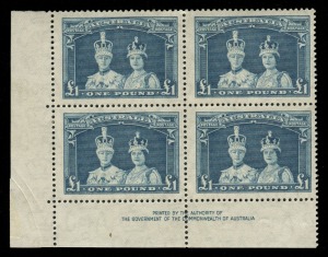 1949 (SG.178a) £1 Robes (Thin paper) Authority Imprint blk.(4) superb MUH.