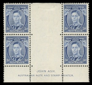 1937 (SG.168) 3d Blue KGVI (Die 1) Ash Imprint blk.(4), stamps MUH; hinged in gutter. [BW:191za].