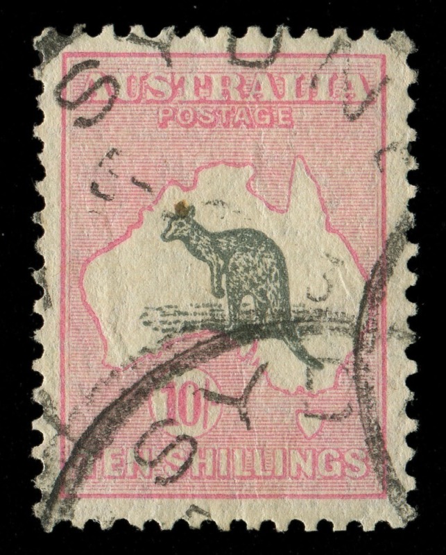 Kangaroos - Small Multiple Watermark: 10/- Grey & Pale Pink, well centred and full perfs. Cat.£500.