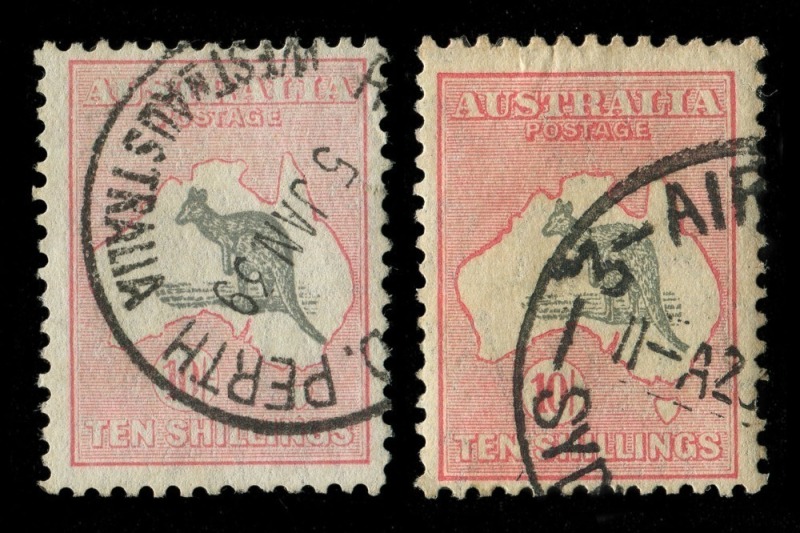 Kangaroos - CofA Watermark: 10/- Grey & Pink, and 10/- Grey & Aniline Pink, G-FU (2).