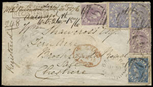 1876 (Aug.30) Balmoral - Sale G.B. registered cover franked 1/10 with 2d x2 and 6d x3, tied by BN "96", with Balmoral cds alongside, red oval London transit and reg. Manchester & Sale b/stamps. Scarce.