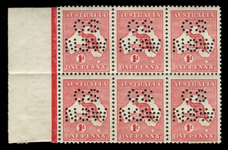 Kangaroos - First Watermark: 1d Rose-Red (Die 1) perforated OS / NSW marginal blk.(6), 5**,1*.