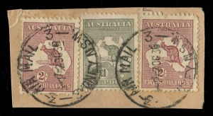 Kangaroos - Third Watermark: £1 Grey, used on piece in combination with 2 x 2/- Maroons; tied by SYDNEY AIR MAIL cds's of October 1936.