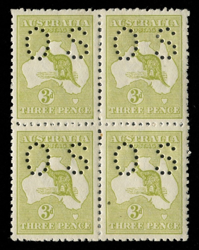 3d Olive-Green (Die 1), perforated OS blk.(4) M/MLH; lower right unit with small paper inclusion. Attractively centred. [BW:13b - $700].