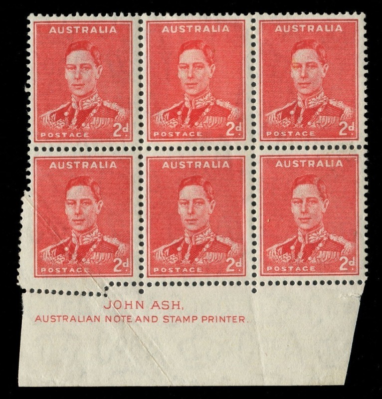 1938 (SG.184) 2d Scarlet KGVI, Ash Imprint blk.(6) with pre-printing paper fold resulting in dramatic misplacement of perforations affecting the lower left unit. M/MUH.