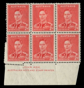 1938 (SG.184) 2d Scarlet KGVI, Ash Imprint blk.(6) with pre-printing paper fold resulting in dramatic misplacement of perforations affecting the lower left unit. M/MUH.