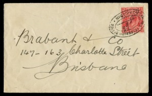 Postal History: December 1931 usage of KGV 2d Scarlet tied by oval ELECTRIC TELEGRAPH OFFICE / DAKABIN handstamp in black with mss '29-12-31', on cover to Brisbane. Very fine condition and the only example known in black. Five other examples of the Dakabin date stamp have been sighted, all in violet and all have a manuscript dates.The dates recorded are: 1 Aug.1933 (on piece); 29 May 1935 (on cover); 19 Aug.1935 (on cover); 23 Aug.1935 (on piece); 28 Aug.1935 (on cover).