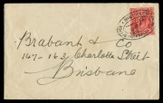Postal History: December 1931 usage of KGV 2d Scarlet tied by oval ELECTRIC TELEGRAPH OFFICE / DAKABIN&nbsp;handstamp&nbsp;in black with mss '29-12-31', on cover to Brisbane. Very fine condition and the only example known in black. Five other examples of the Dakabi