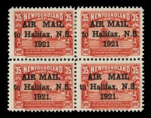 CANADA - Newfoundland: 1921 35c Halifax Air Mail Overprint; a superb blk.(4) comprising of SG.148a (MLH), 148fg (MLH), 148 (MUH) & 148f (MUH. Cat.£685+.