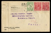 Postal History: August 1915 usage of &frac12;d Green Kangaroo and KGV&nbsp;1d. Red pair , all perforated OS, used on 'O.H.M.S.' envelope from Central Weather Bureau Melbourne to Copenhagen, DENMARK, tied by '9 AU 15' machine datestamp, and with arrival backstamp; str