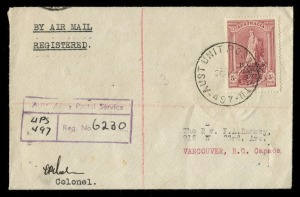 BCOF Japan: August 1947 usage of 5/- Robes BCOF Overprint, single franking on a registered air mail cover from AUST UNIT POSTAL STN 497 (at Kure) to Vancouver, CANADA; departure, transit and arrival backstamps. Very fine condition.