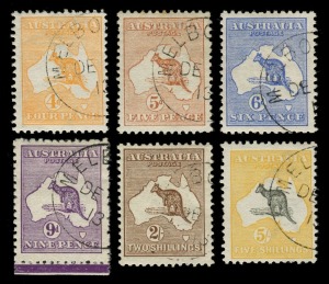 Kangaroos - First Watermark: 4d Orange, 5d Chestnut, 6d Ultramarine, 9d Violet, 2/- Brown & 5/- Grey & Deep Yellow, all CTO with matching MELBOURNE Dec. 1913 cds's. (6) Cat.$1000+