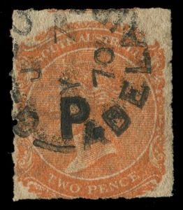 South Australia - Departmentals: 1868-74 "POLICE" overprint "P" in black on 2d orange, rouletted, FU with "ADELAIDE/JY 7/70" cds; unusually fine.