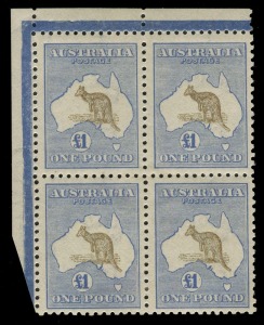 Kangaroos - Third Watermark: £1 Olive-Brown & Pale Blue [BW:52E] in a well centred corner block of (4) from the upper-left of the sheet, with Jubilee lines, the 4th unit with a lightly toned perf. A rarely seen multiple in a rare shade. Cat.$30,000. SG.44