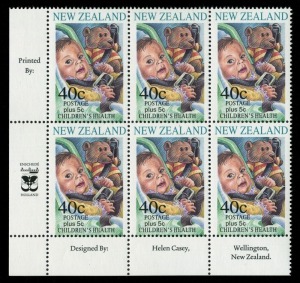 NEW ZEALAND:1996 (SG.2000a) 40c + 5c Children's Health - Road Safety error issue (Baby in restraint and teddy bear in seat-belt), lower left corner blk.(6) with complete Imprint. Superb MUH. The only other Imprint block of 6 known to us was sold at a Sydn