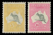 Kangaroos - First Watermark: 5/- Grey & Yellow (crease) and 10/- Grey & Pink (gum bend), mint hinged; BW:42 & 47 - Cat. $2,900. (2) - 2