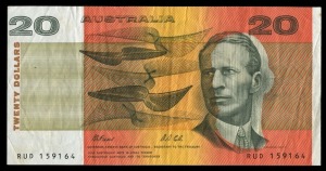 Banknotes - Australia: Decimal Banknotes: TWENTY DOLLARS, Fraser/Cole (1991) RUD 159164 (R.413) registration shift on front of note. VF.