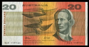 Banknotes - Australia: Decimal Banknotes: TWENTY DOLLARS, Fraser/Cole (1991) RUD 159164 (R.413) registration shift on front of note. VF.