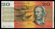 Banknotes - Australia: Decimal Banknotes: TWENTY DOLLARS,&nbsp;Fraser/Cole (1991) RUD 159164 (R.413)&nbsp;registration&nbsp;shift&nbsp;on front of note.&nbsp;VF.